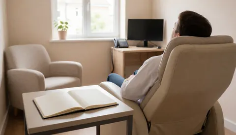 A relaxed individual sitting in a reclining chair within a therapy room featuring beige walls, natural light, and an open notebook.