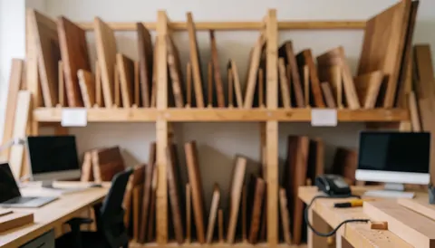 Wooden workshop background with shelves full of panels and work tables with computers, ideal for furniture repair text.