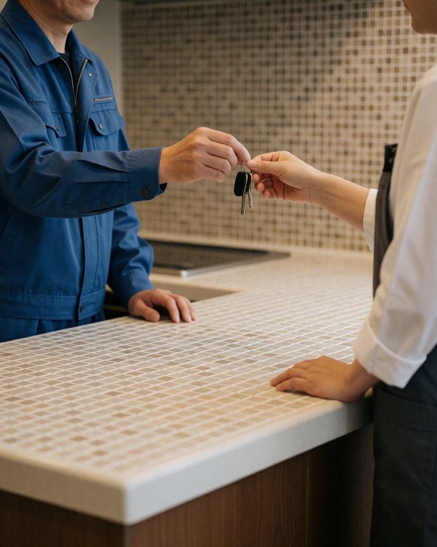 A worker hands house keys to a satisfied customer in a kitchen featuring newly installed tiles, showcasing the completed tiling project.