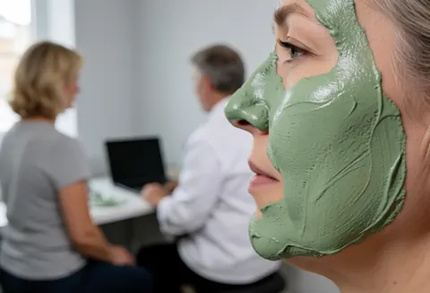 Close-up of a green facial mask being applied to a customer's face during a skin treatment session
