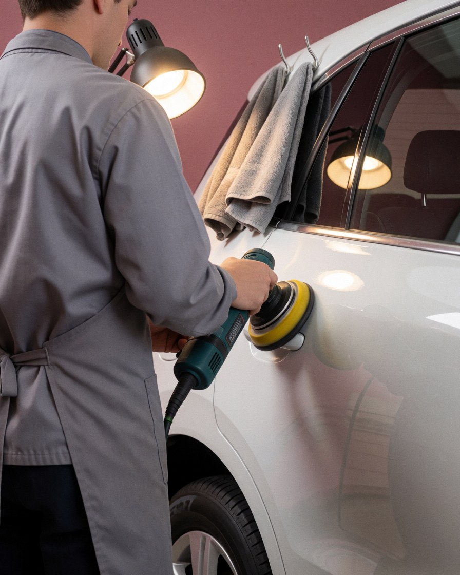 Technician using a polisher to apply glossy paint on a white car in an auto body shop with towels and work light