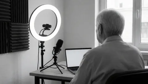 Back view of person in virtual spanish class with laptop, microphone, ring light, and acoustic panels for professional online learning.