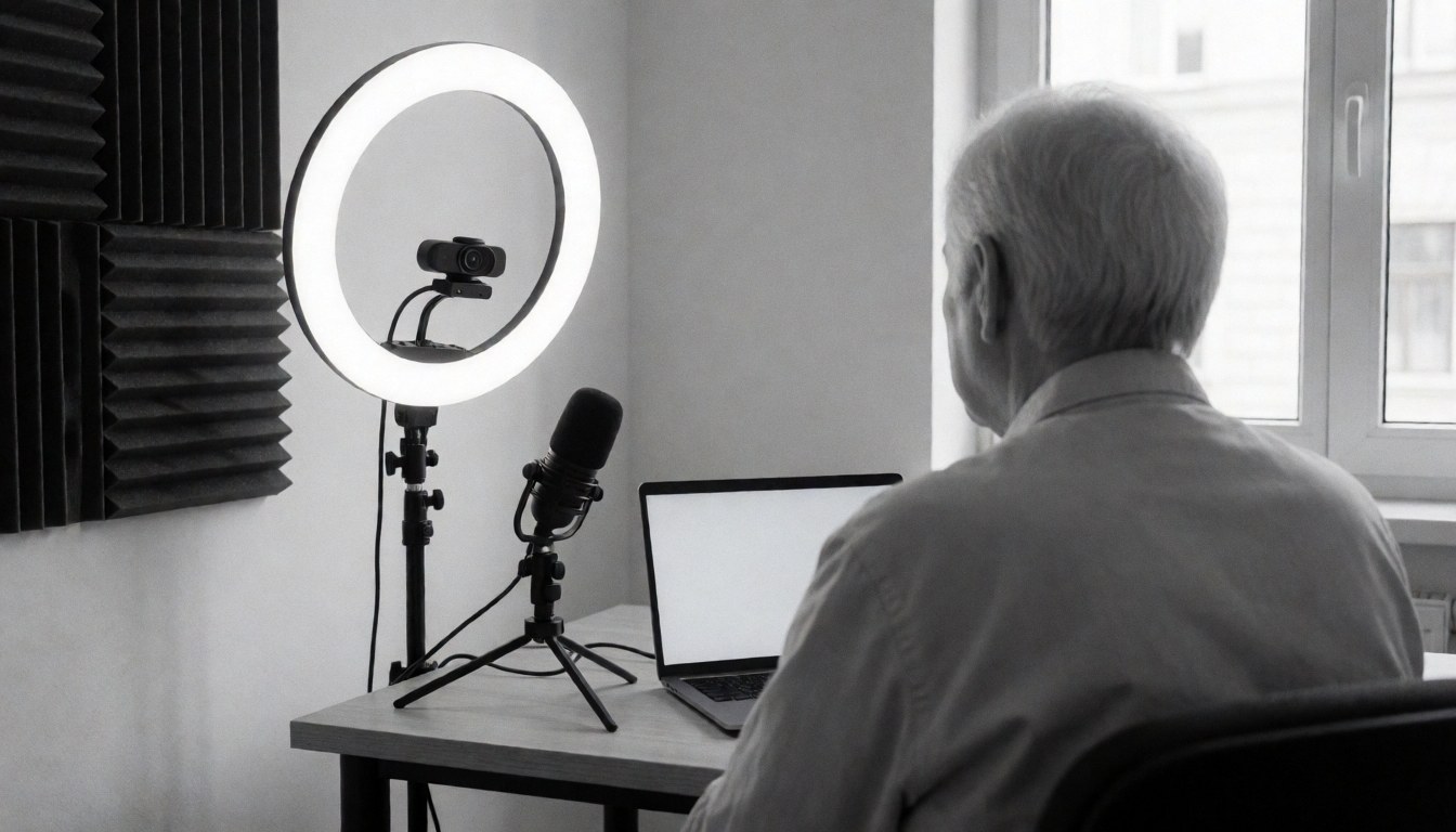Back view of person in virtual spanish class with laptop, microphone, ring light, and acoustic panels for professional online learning.