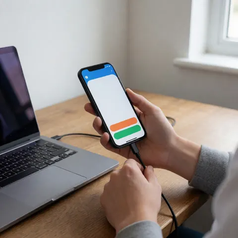 Hands holding a smartphone connected to a laptop on a wooden table, suitable for coding course materials.