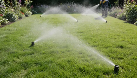 Automatic sprinklers watering a green lawn with flowers in the background, ideal for gardening services