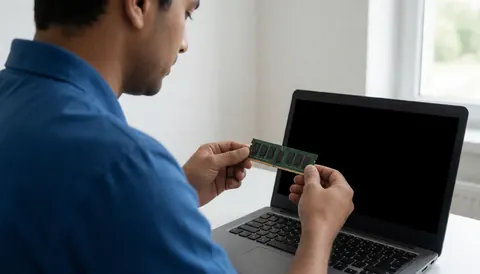 Close-up view of a technician installing a RAM module into a laptop during a computer repair service in a well-lit environment