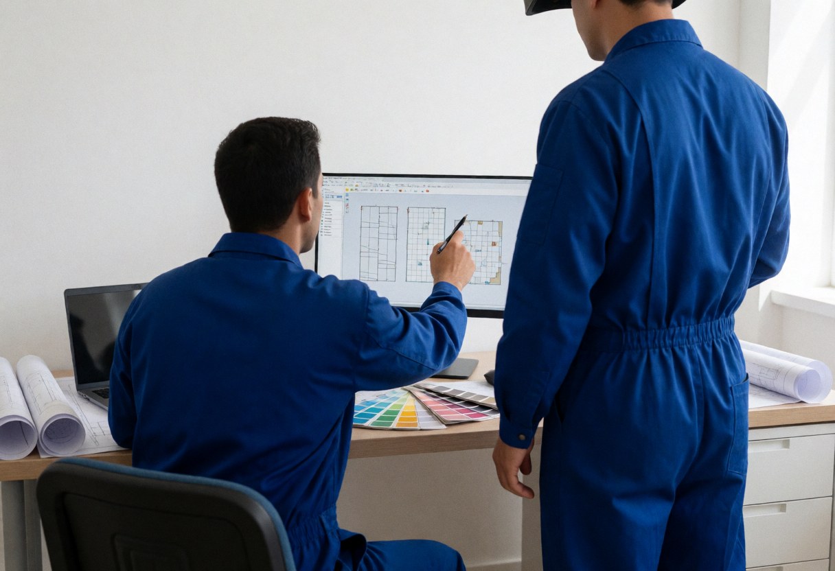 Two technicians in blue uniforms review a window design on a computer with color swatches and rolled plans on a light wood table.
