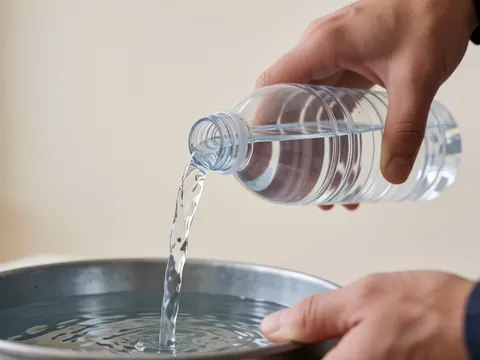 A hand pours clean water from a plastic bottle into a metal bucket, suitable for window cleaning tasks.