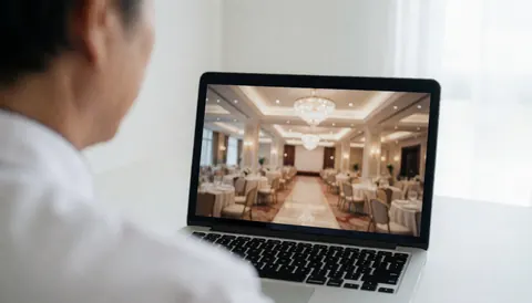 Professional reviewing event presentation on laptop in empty event hall with tables and chairs, ideal for event photographer website