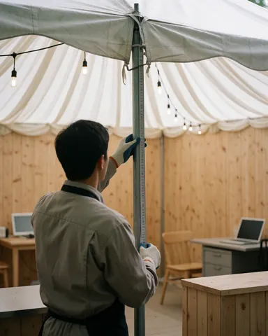 A professional wearing gloves measures a white store post with hanging lights, wooden walls, and event furniture.