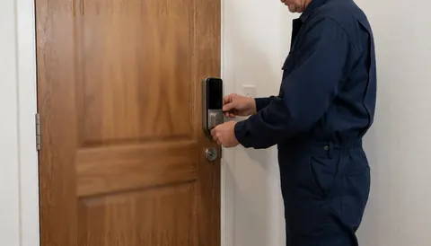 Technician installing a smart lock on a wooden door for a lock repair business