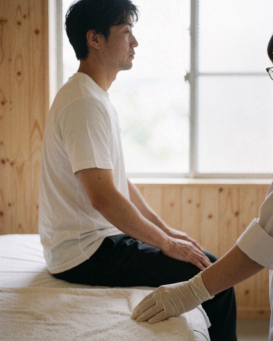 Therapist wearing gloves adjusts a towel over a seated client on a massage table with light wood walls and natural lighting