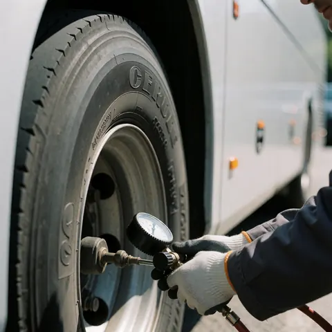 Technician checking bus tire pressure with a gauge near a white van door at a tire repair service