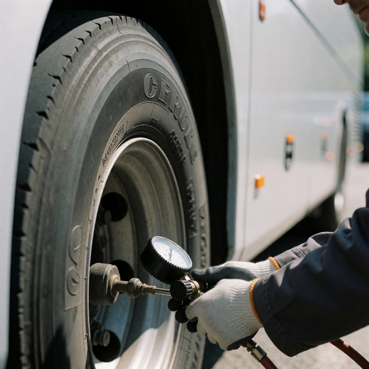Technician checking bus tire pressure with a gauge near a white van door at a tire repair service