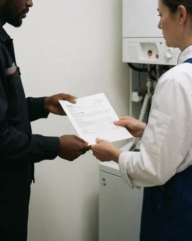 A technician hands a repair report document to a satisfied customer standing near a boiler in a clean room.