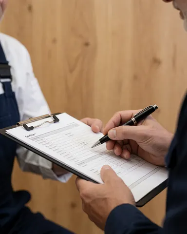 A satisfied client checks a bill while standing in a watchmaker's workshop with wooden walls and a professional in an apron nearby