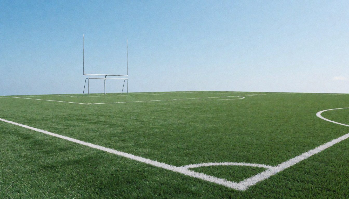 Empty american football field with white lines and goal posts under a clear blue sky, ideal for training.