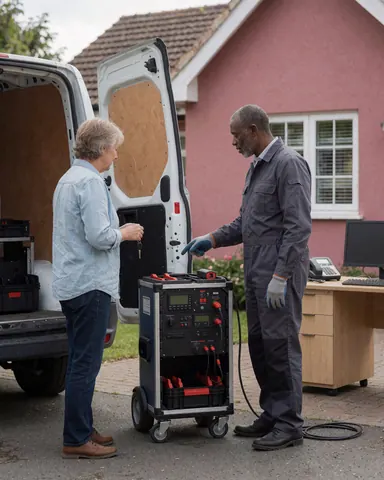 Technician explains car wash service to a customer while standing next to an open van in a residential driveway.