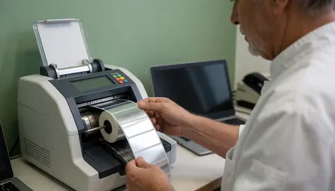 A metallic label cutting machine is shown in action within a well-lit workshop environment with a green wall background.