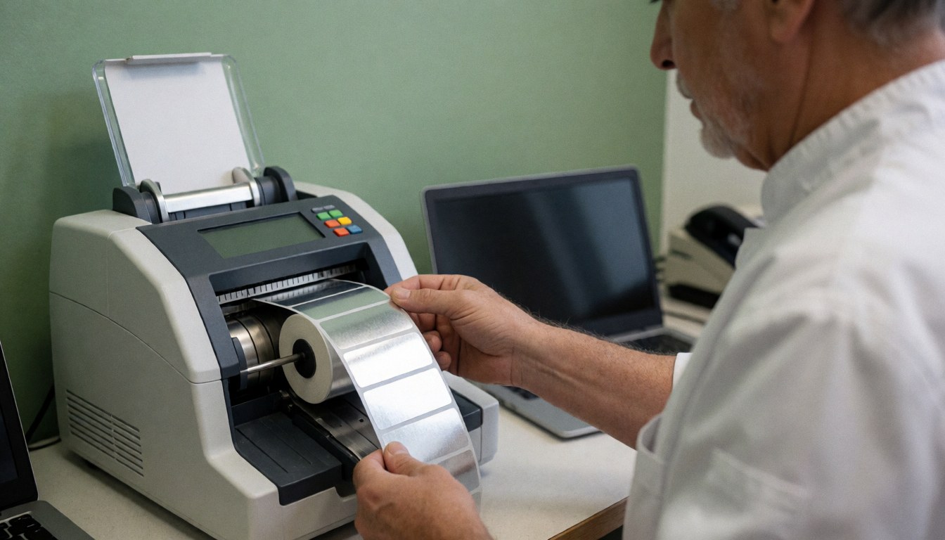 A metallic label cutting machine is shown in action within a well-lit workshop environment with a green wall background.