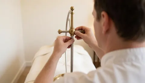 Professional adjusting a bronze shirodhara stand in a warm white ayurvedic massage room with a massage bed