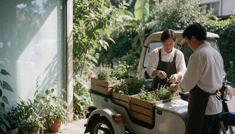 Two people handling fresh herbs on a motorcycle taxi with a wooden crate near a sunny garden