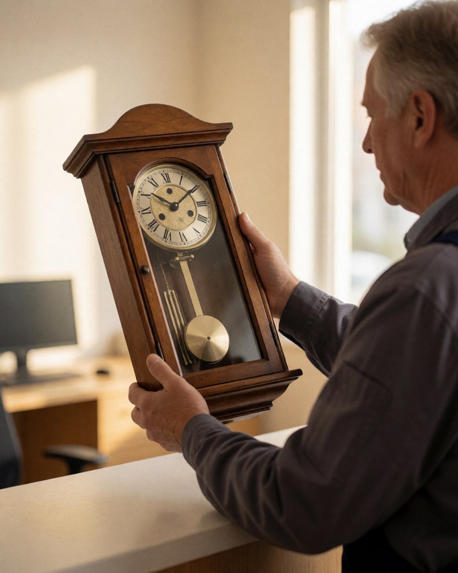A customer examines a wooden pendulum wall clock in a professional watch repair shop with natural lighting.