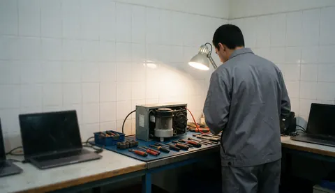 Technician checking a refrigerator compressor in a workshop with tools and desk lamp against white tiled walls