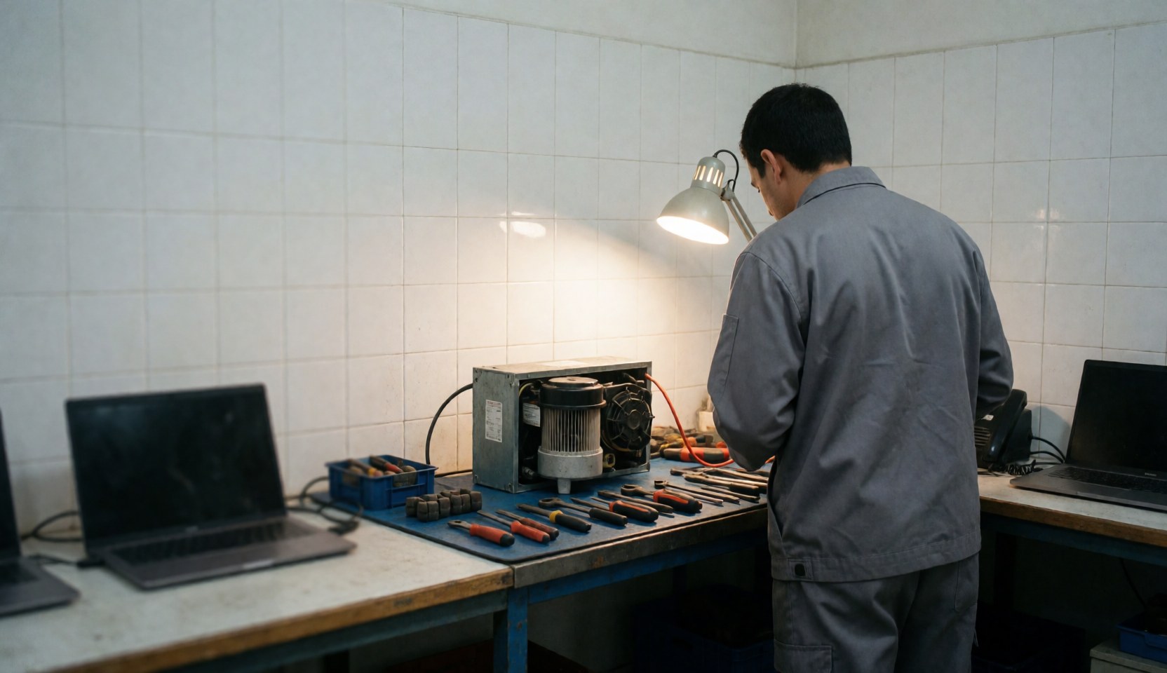 Technician checking a refrigerator compressor in a workshop with tools and desk lamp against white tiled walls