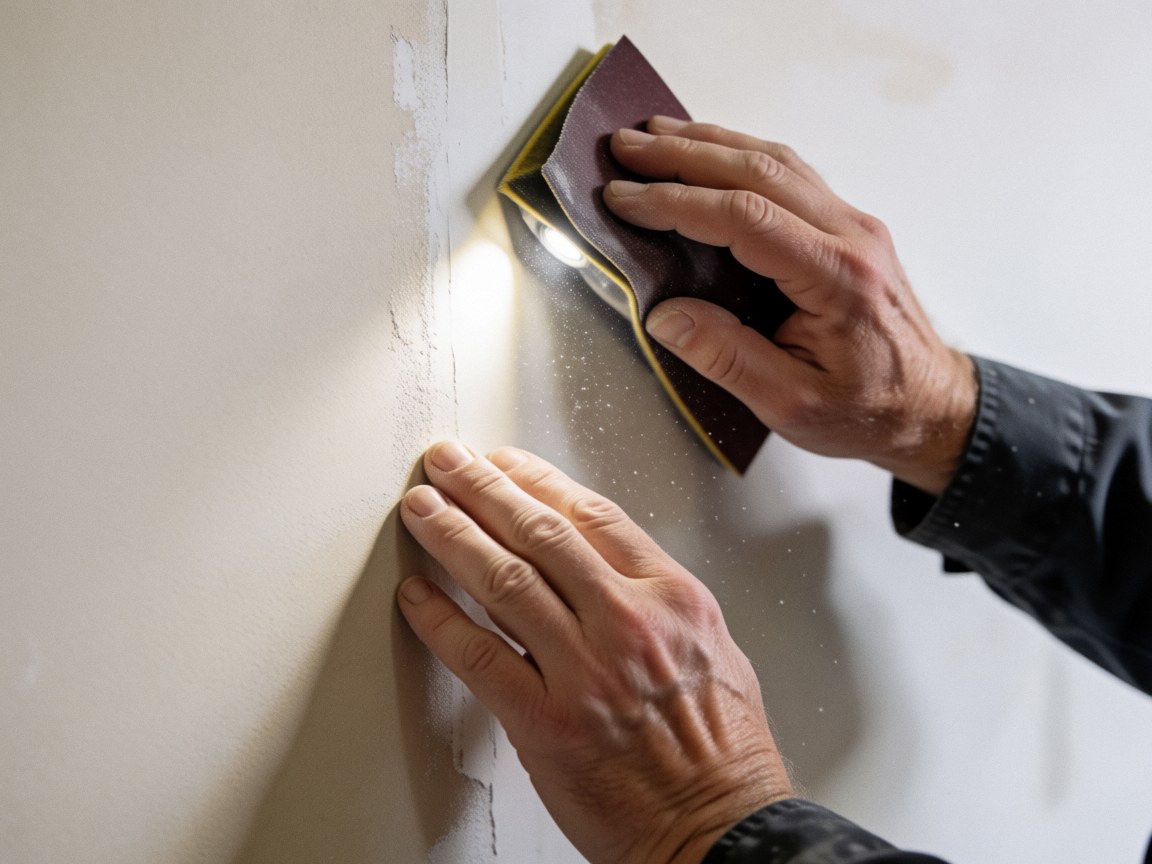 Close-up of hands sanding joint compound on a white wall with focused light and floating dust particles.