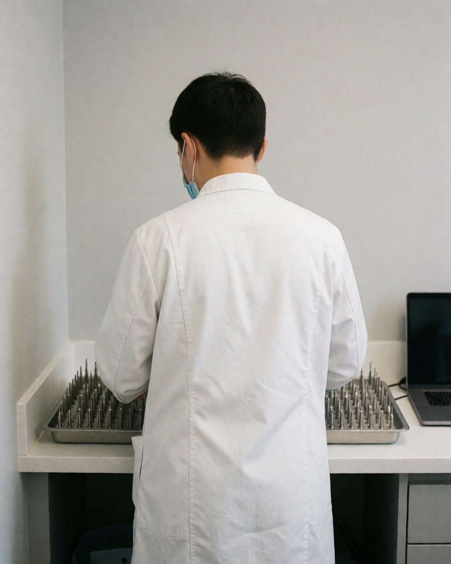 Professional arranging dermabrasion trays on a clean modern workstation with light gray walls