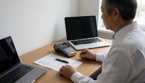 Professional using payment terminal in office with invoice and computer