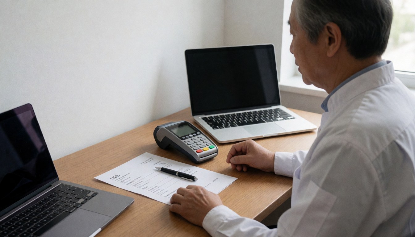 Professional using payment terminal in office with invoice and computer