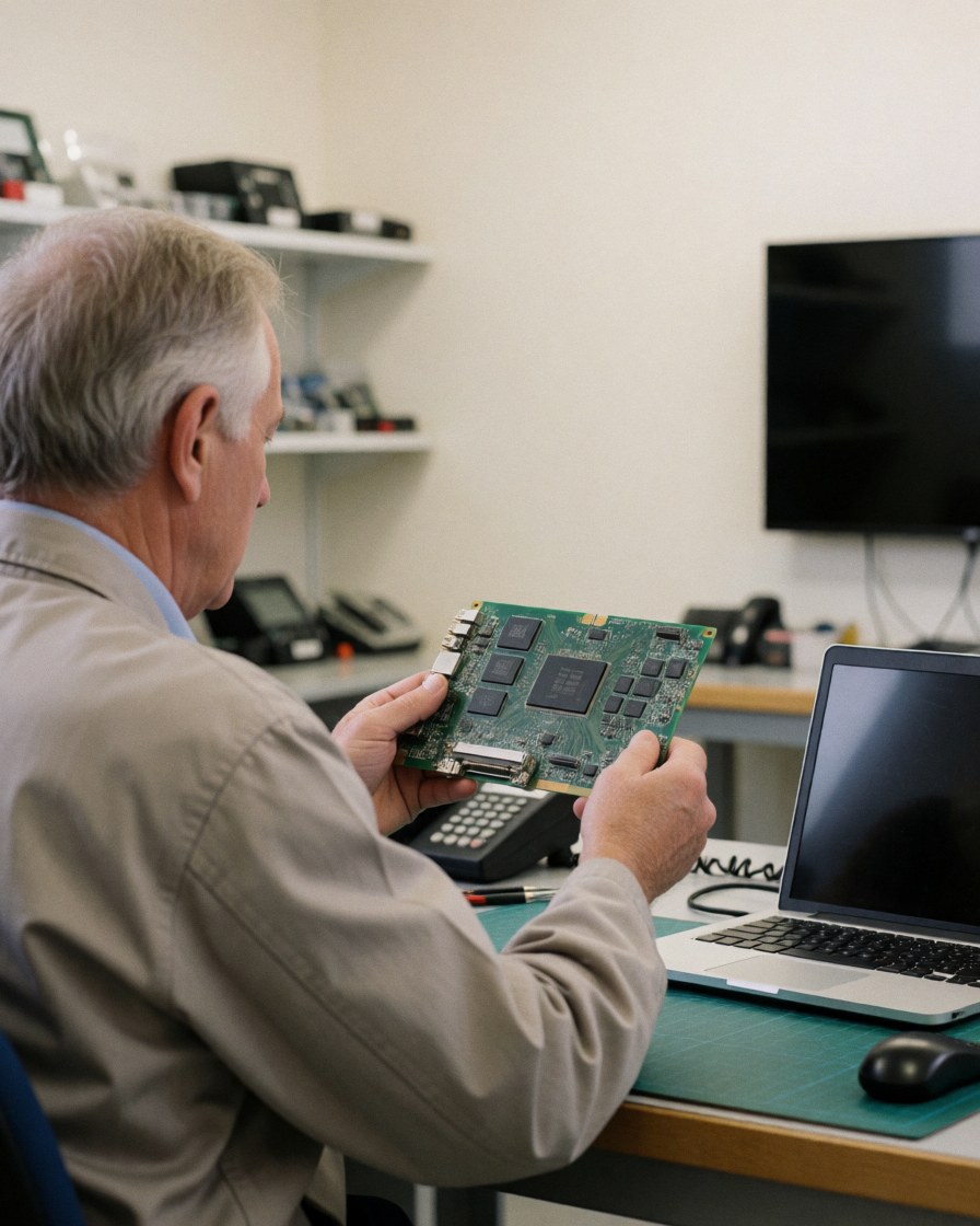 Technician checking a T-CON board at a workbench with a laptop and parts shelf in a TV repair shop
