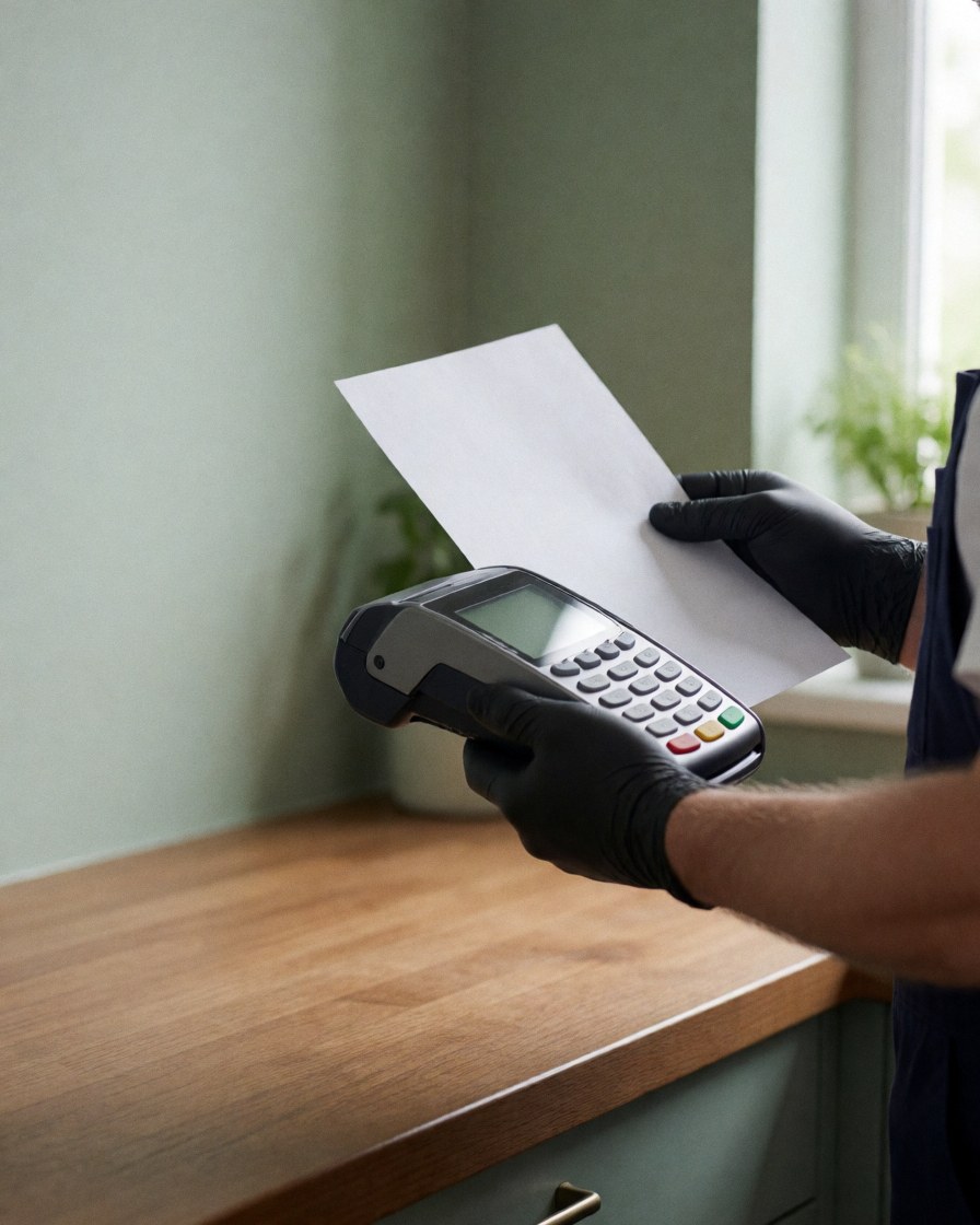 Close-up of a black gloved hand holding a payment terminal and a white receipt in a kitchen with a pale green wall.