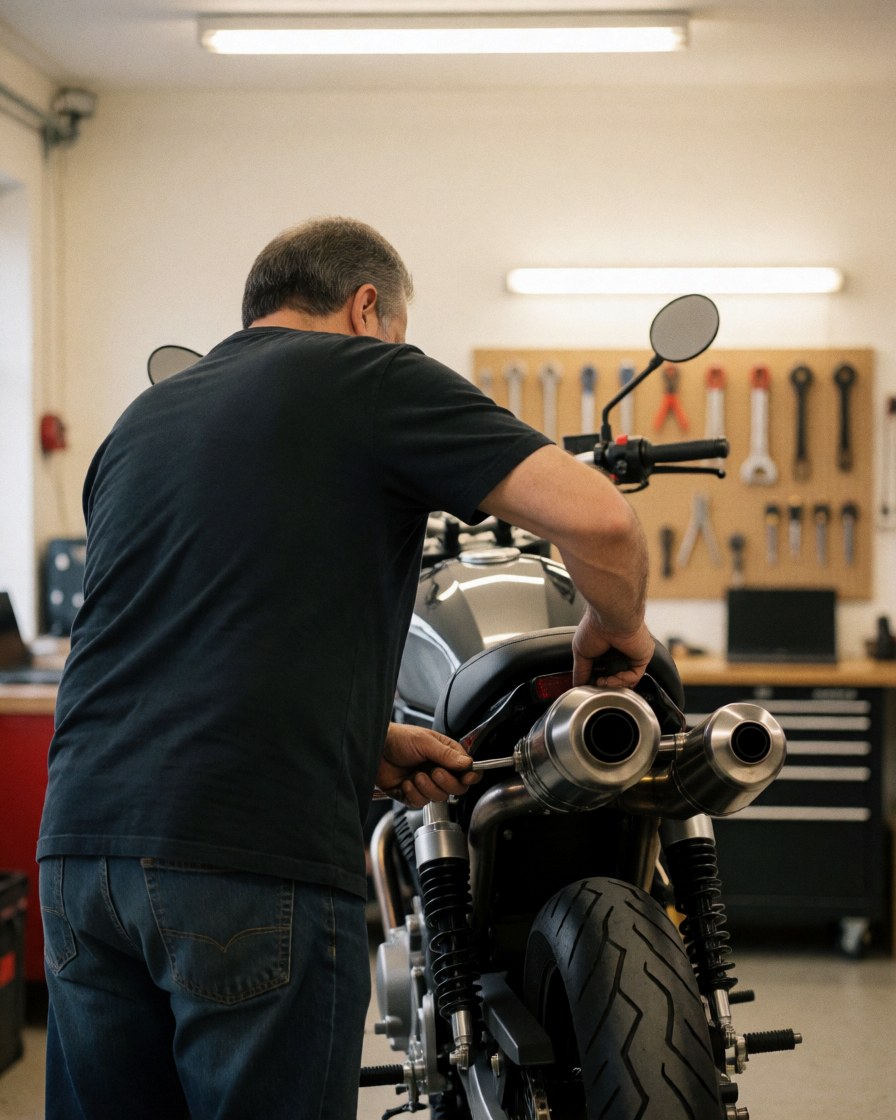 Mechanic adjusting a motorcycle exhaust pipe in a workshop with tools on a pegboard and fluorescent lights