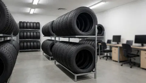 Metal tire racks in a tire warehouse with concrete floor and office in the background