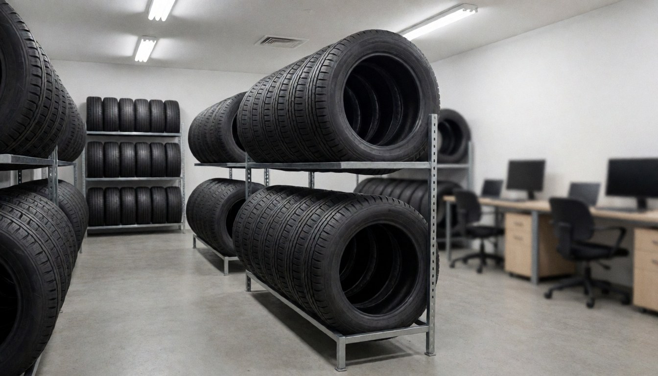 Metal tire racks in a tire warehouse with concrete floor and office in the background