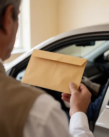 A happy customer holds a brown envelope in front of an open car door against a beige wall with natural light