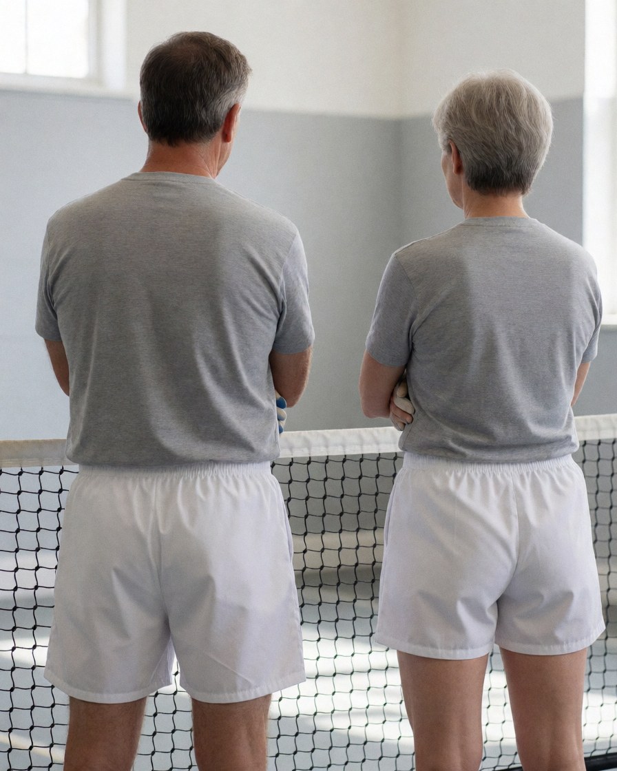 two people standing on a volleyball court with a net and gray walls, ready to play
