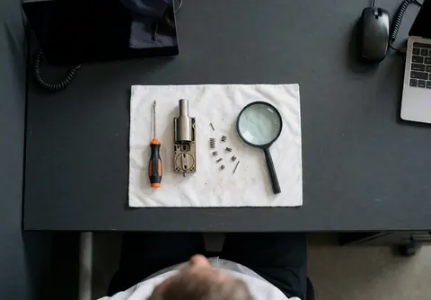 Close-up of a locksmith repairing a lock cylinder on a white towel with precision tools and a magnifier against a black desk background