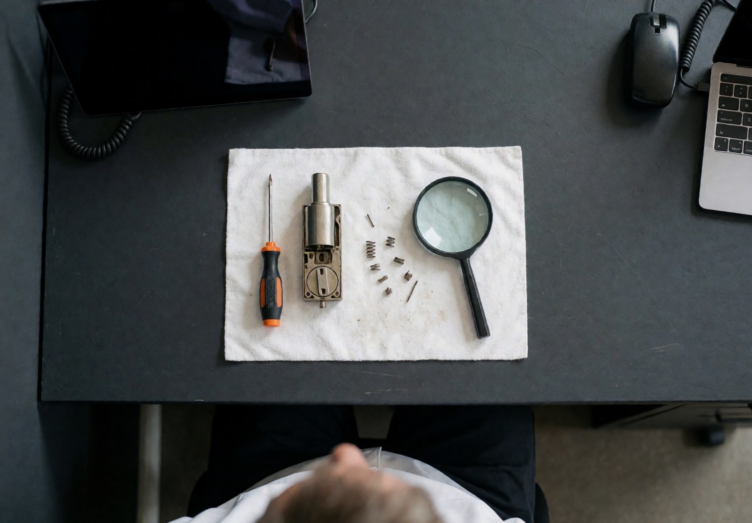 Close-up of a locksmith repairing a lock cylinder on a white towel with precision tools and a magnifier against a black desk background