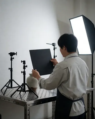 Product photographer adjusting a black flag near a ceramic vase on a metal table with studio lighting and white background