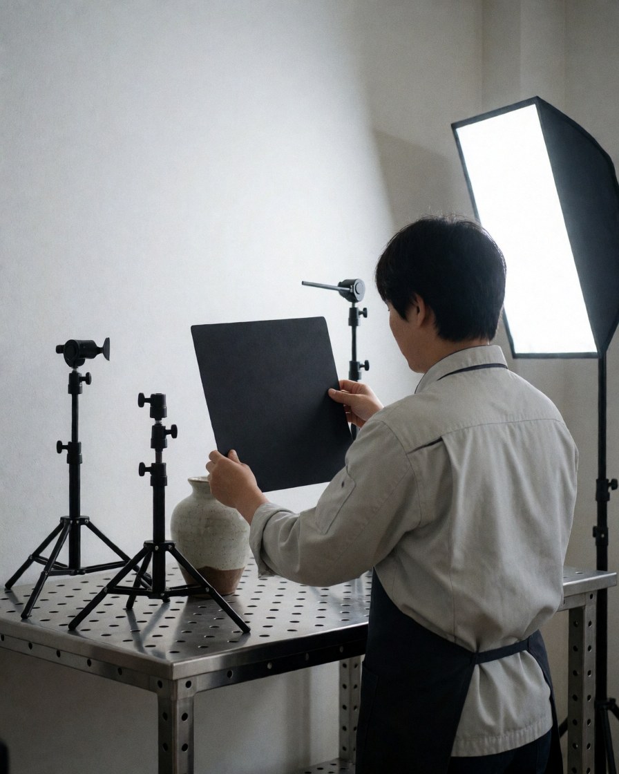 Product photographer adjusting a black flag near a ceramic vase on a metal table with studio lighting and white background