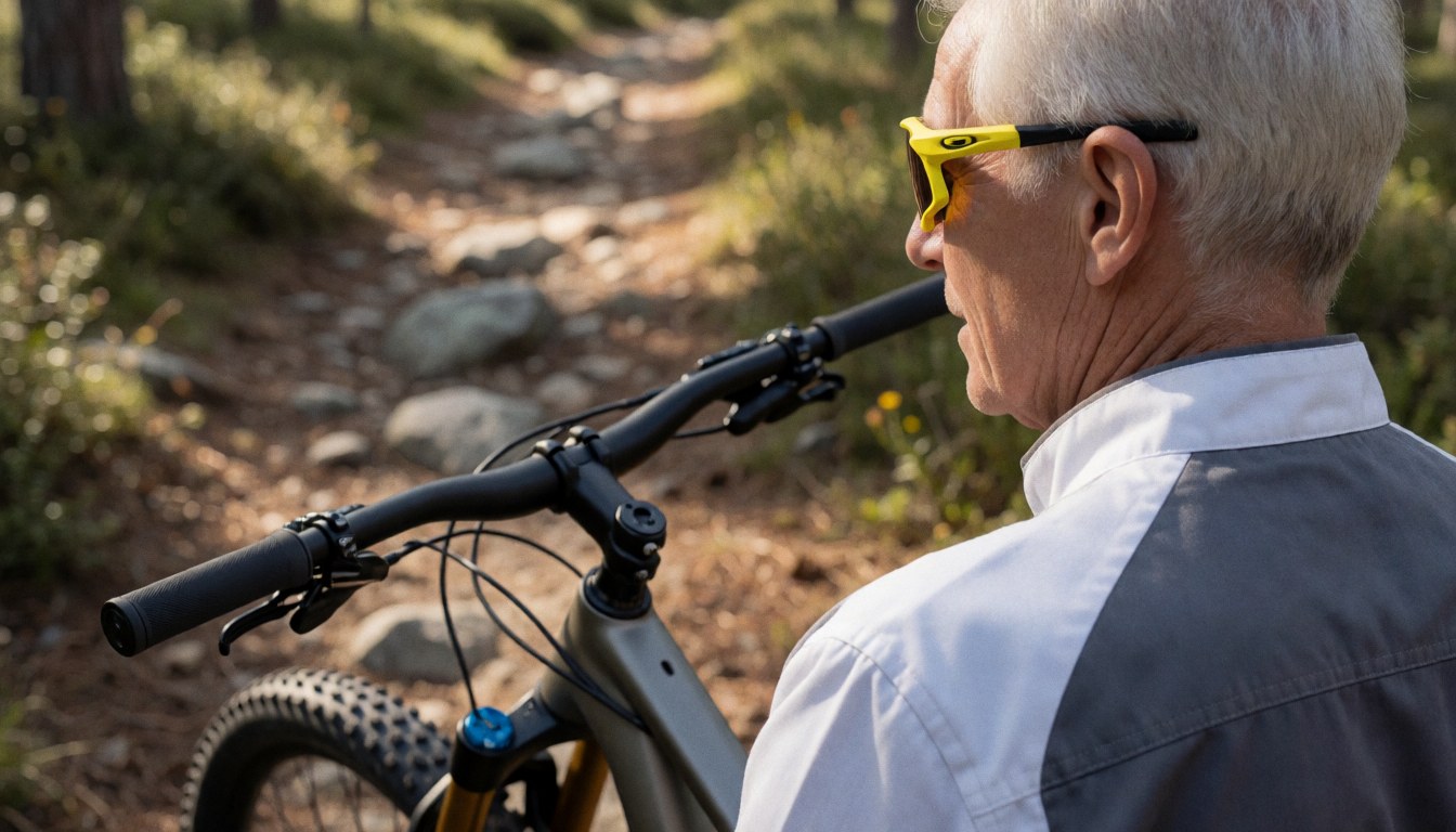 Back view of an older cyclist with yellow sunglasses standing with a mountain bike on a rocky path among trees
