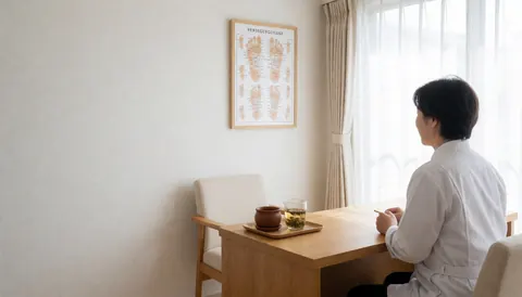Reflexology professional at reception with foot chart, tea cup, and natural light in a clean cozy clinic setting