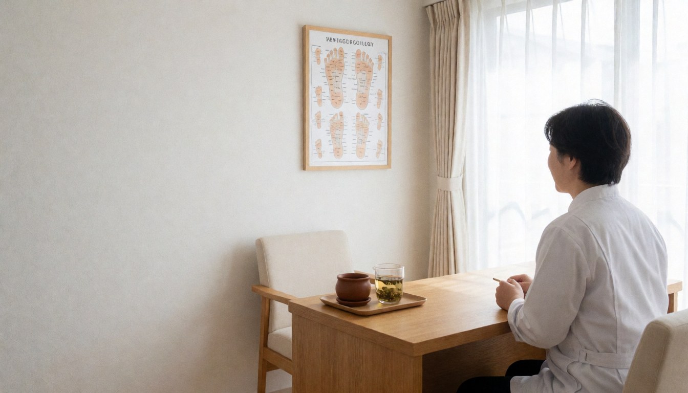 Reflexology professional at reception with foot chart, tea cup, and natural light in a clean cozy clinic setting