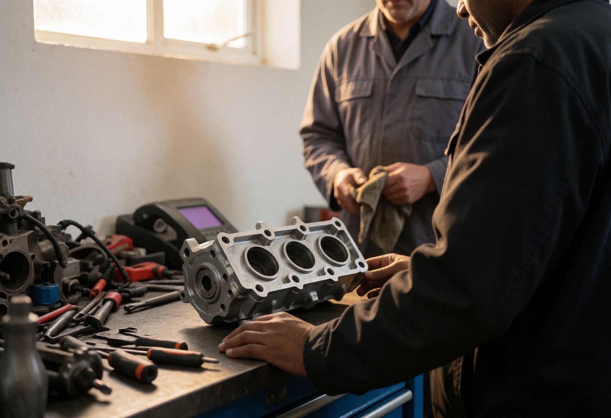 A mechanic wearing gloves cleans an engine block in a workshop with tools and natural light visible, showing auto repair service in action.