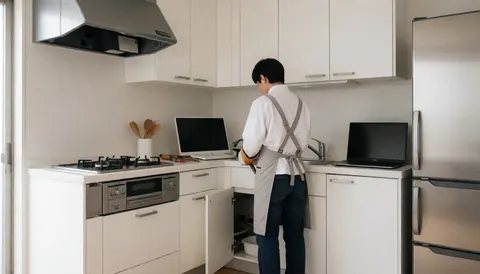 Plumber repairing a pipe under a kitchen sink with white cabinets and stainless steel appliances visible in the background.