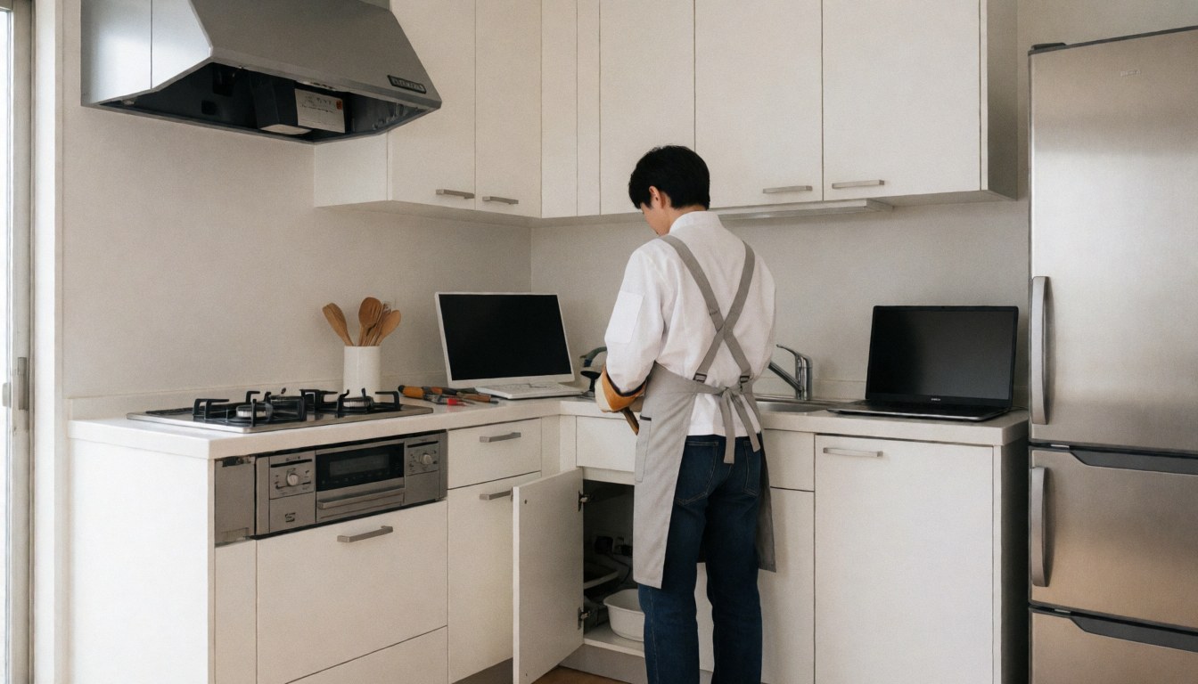 Plumber repairing a pipe under a kitchen sink with white cabinets and stainless steel appliances visible in the background.